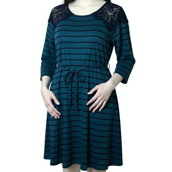 MOTHERHOOD MATERNITY STRIPED T-SHIRT DRESS LACE SHOULDER SIZE MEDIUM - Picture 1 of 8